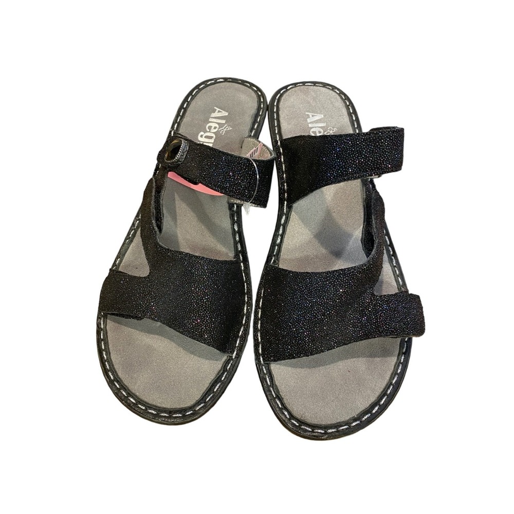 Alegria Black Shimmer Wedge Sandals Womens Adjustable Straps Comfort Slides
